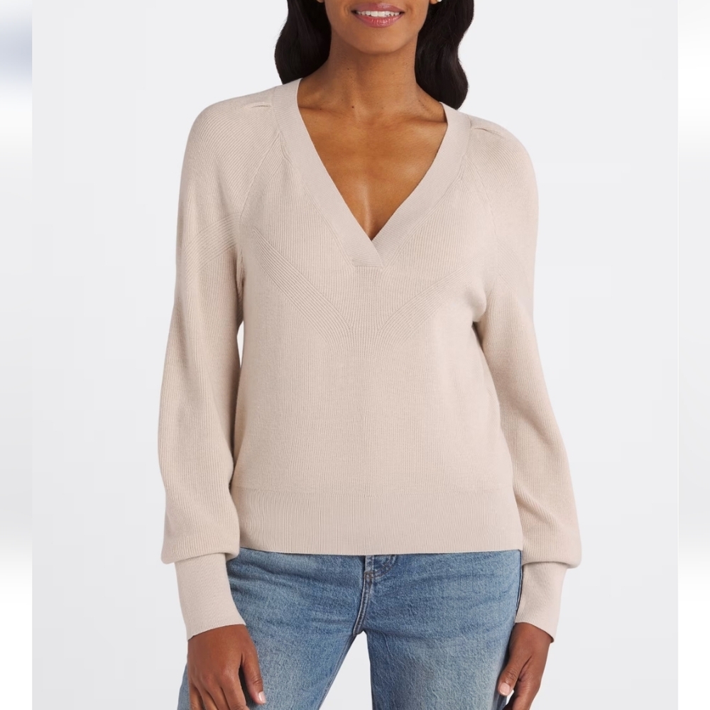 NWT Pinque Nada V-Neck Sweater – Size Large | Beige Neutral Pullover